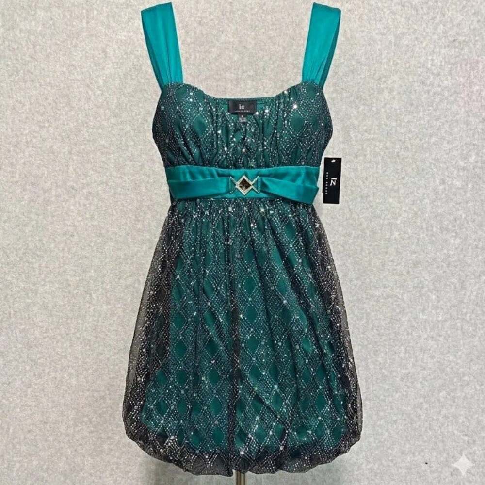 Vtg Y2K Glitter Mesh Overlay Dress L Large Teal Turquoise Bubble Hem Goth Prom